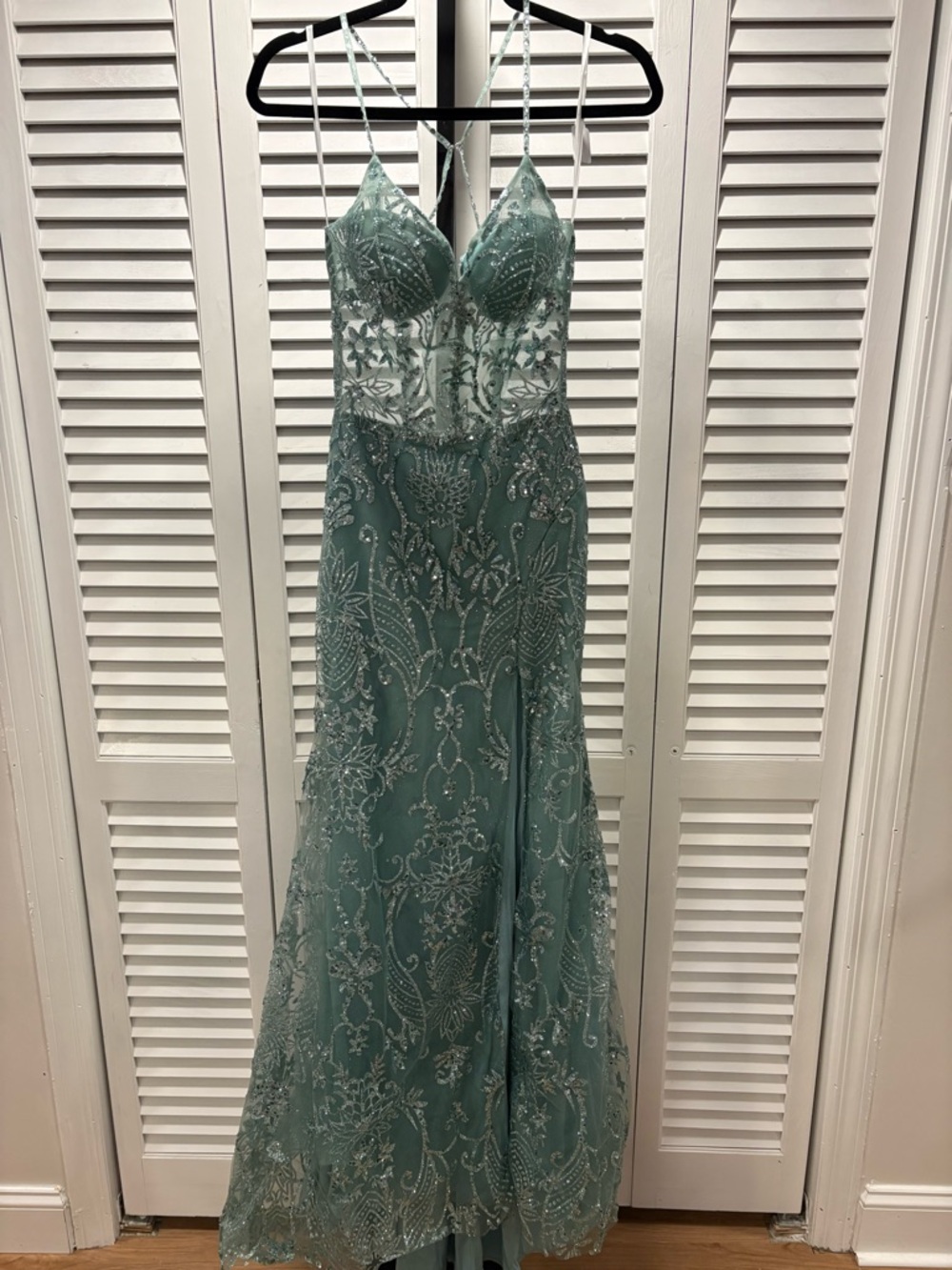 Backless Sage Green Prom Dress with Sheer Bodice and Silver Embellishments